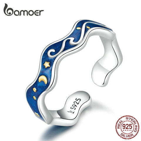 bamoer Sterling Silver 925 Lover Rings for Couple Blue Starry Sky of Van Gogh Open Finger Ring Design Jewelry Accessories SCR608 ► Photo 1/6