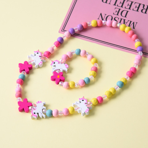 2PCS/Set Fashion Jewelry Cute Animal Necklace Bracelet Fashion Children's Jewelry Girl Birthday Gift Natural Wood Beads ► Photo 1/6