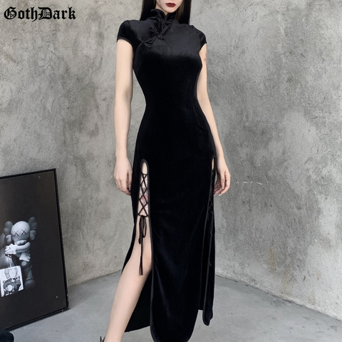 Goth Dark Romantic Gothic Velvet Elegant Dresses Vintage Women Black Bandage Slit Hem Bodycon Dress Sexy Evening Wear Cheongsam ► Photo 1/6
