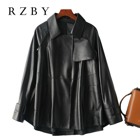 Spring Autumn Genuine Leather Jacket Big Pocket 2022 Chic Loose MotoBike BF Vintage Retro Women Sheepskin Coat Plus Size RZBY300 ► Photo 1/6