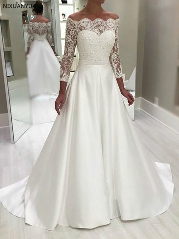 Classic Satin A Line Wedding Dresses Off Shoulder Long Sleeve Button Back Vestido De Novia Bridal Gowns Wedding Gowns ► Photo 1/6