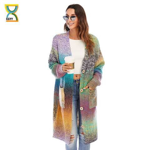CGYY Women's Lightweight Rainbow Color Striped  Loose Causal  Long Sleeve Open Front Breathable Cardigans Sweater With Pockets ► Photo 1/6