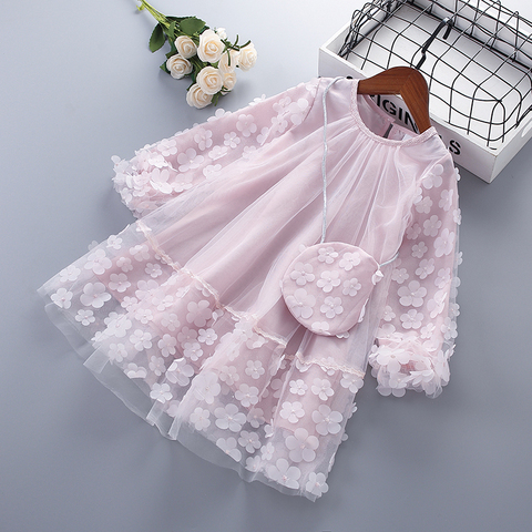 3-7 Years High Quality Spring Girl Dress 2022 New Chiffon Flower Ruched Kid Children Clothing Girl Princess Dress with bags ► Photo 1/1