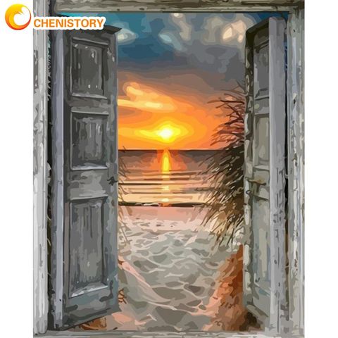 CHENISTORY 40x50cm Frame Painting By Numbers For Adults Handmade DIY Framed Front Door Beach Scenery Paint By Number Arts ► Photo 1/6