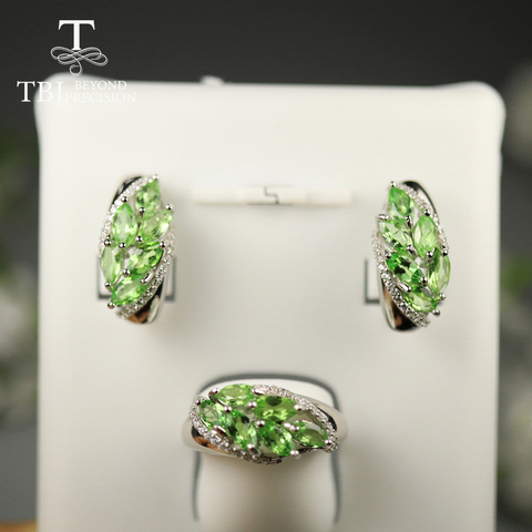 Natural green tsavorite gemstone jewelry set green garnet precious gemstone earring ring 925 sterling silver for women mom gift ► Photo 1/6