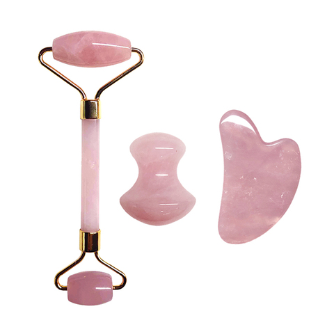 3Pcs/Set Natural Rose Quartz Jade Roller Real Gouache Jade Gua Sha Board Massager Face Lifting Tool Facial Guasha Massage Kit ► Photo 1/6