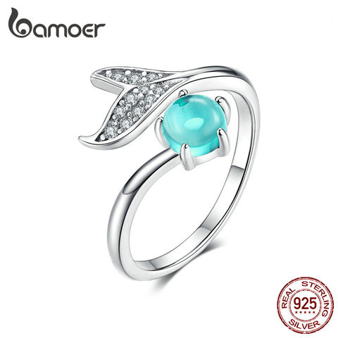 BAMOER Mermaid Ring 925 Sterling Silver Blue Ocean Stone Tear Fish Tail Rings for Women Open Ajudstale Ring Jewelry SCR515 ► Photo 1/6