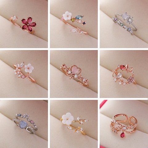 2022 New Fashion Crystal Zircon Rings Sweet Flower Leaf Butterfly Adjustable Open Rings Female Wedding Engagement Jewelry Gift ► Photo 1/6