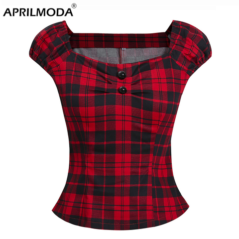 Plaid Summer Women Vintage 50s Blouse Shirt Pinup Top Plus Size Cap Sleeve V Neck Cotton Rockabilly Retro Shirts Rock Clothing ► Photo 1/6