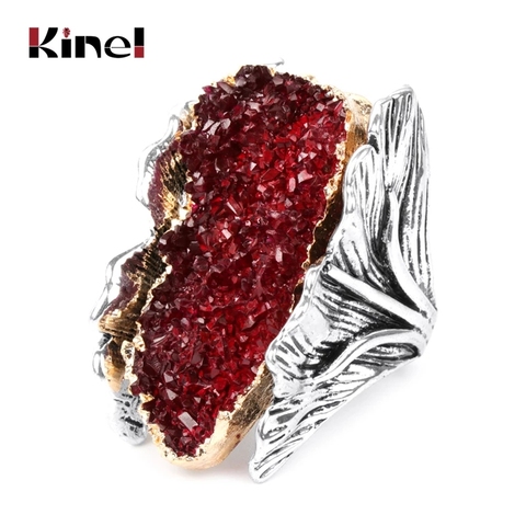 Kinel Natural Stone Vintage Big Women Ring Antique Tibetan Silver Fashion Red Crystal Flower Bride Wedding Rings Party Gift ► Photo 1/6