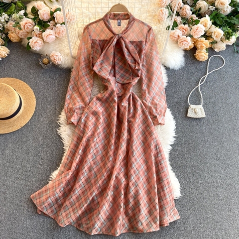 Spring And Summer Women's Plaid Vintage Dress Elegant Ladies Long-Sleeved Bow Bandage Dresses Femme Robe Korean Style ► Photo 1/5