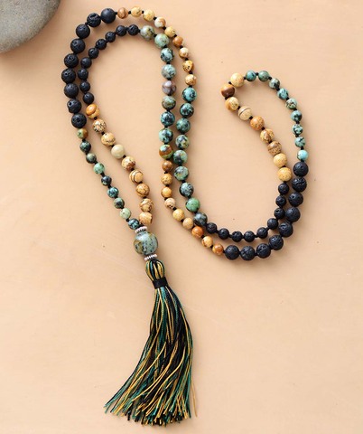 108 Beads Mala Natural Stone Lava Beads Long Tassel Necklace Women Bead Knotted Yoga Meditation Necklaces Jewelry ► Photo 1/5