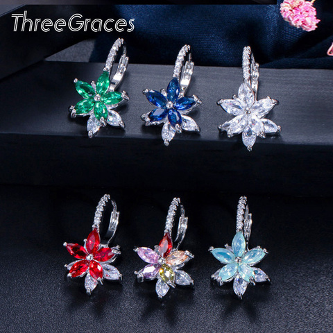 ThreeGraces Fashion Multi Green Pink Red Cubic Zircon Crystal Marquise Cut Lovely Flower Party Stud Earrings for Ladies ER311 ► Photo 1/6