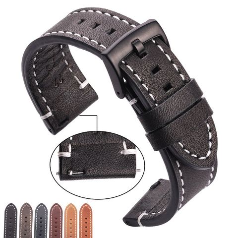 HENGRC Cowhide Genuine Leather Watchband Belt 18 20 22 24mm Men Women Thick Handmade Retro Watch Band Strap Metal Buckles ► Photo 1/6
