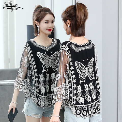 Korean Fashion Women Shirt Batwing Sleeve Mesh Embroidery Tops Casual New Summer 2022 Loose Lace Blouse Blusa Feminina  4014 ► Photo 1/6