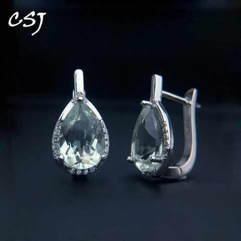 CSJ Elegant Natural Green Amethyst Earring Sterling 925 Silver Pear 8*12 Cut 10mm 5Ct Fine Jewelry For Women Lady Party Gift Box ► Photo 1/6