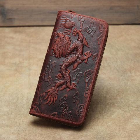Retro Genuine Leather Embossed Women Wallet 2022 Spring New Dragon Pattern Long Men Wallets Card Holder Handmade Cowhide Purse ► Photo 1/6