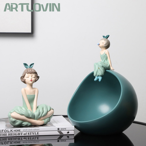 ARTLOVIN Modern Bowknot Girl Figurines Nordic Character Figures Round Ball Storage Box Bubble Gum Girls Sculpture Green Color ► Photo 1/6