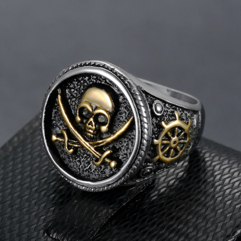 Vintage Men's Pirate Signet Double Knife Skull Ring Golden Silver Color Stainless Steel Compass Goth Punk Ring Drop Shipping ► Photo 1/6