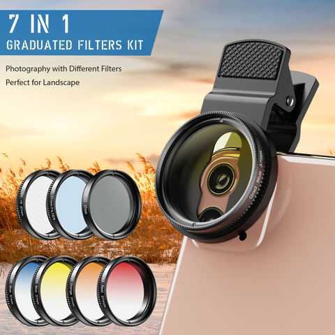 APEXEL 7 IN 1 camera Phone Lens Kit 37mm Graduate Red Blue Yellow Filters+CPL ND/Star Filters for iPhone Samsung all Smartphones ► Photo 1/6