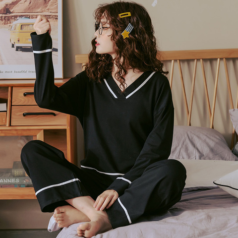 BZEL V-Neck Sleepwear For Women Black Pajamas Sets Cute Bow Nighty Long Sleeves Long Pans Pijamas Pyjamas Cotton Casual Homewear ► Photo 1/6