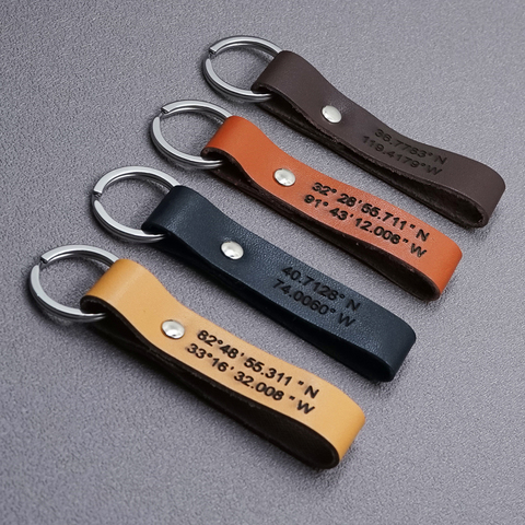 MYLONGINGCHARM Personalized Leather Keychain, Personalized Coordinates, Messages, Names. Permanent Engraved. Anniversary Gift fo ► Photo 1/6