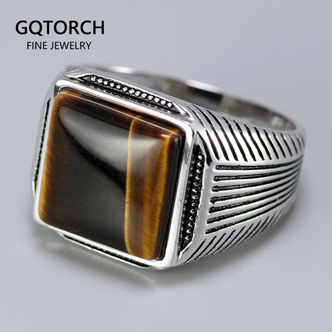 Authentic Sterling Silver 925 Man Ring With Tiger Eyes Fine Jewelry Stripe Pattern Natural Stone Cool Retro Punk Ringen ► Photo 1/6