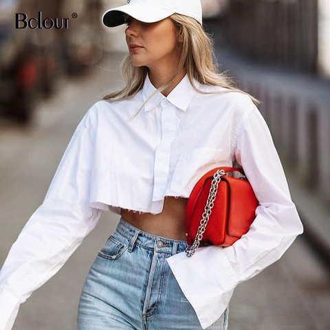 Bclout Office Crop Top Women Blouses Sexy Turn Down Collar White Shirt Flare Sleeve Blouse Female Autumn Streetwear Fashion Tops ► Photo 1/6