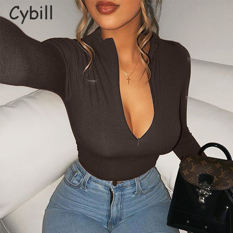 Cybill Zipper Long Sleeve Bodycon Bodysuit For Woman Pure Autumn Zipper Bodysuit Women Winter Body Female Black Top ► Photo 1/6