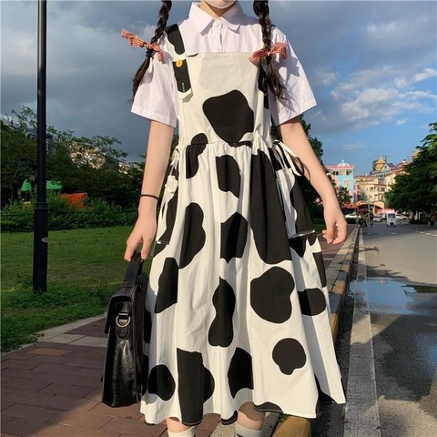 QWEEK Women's Kawaii Cow Print Dress Lolita Milk Cute Sundress Japanese Harajuku Style Cute Kawaii Lolita Dress Outfit Mori Girl ► Photo 1/6