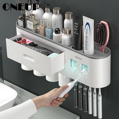 ONEUP Wall-Mounted Toothbrush Holder Magnetic Suspension Toothbrushing Cup Bathroom Storage Rack Tooth Cylinder Set Bathroom Set ► Photo 1/6