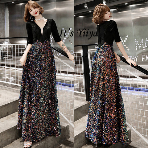 It's Yiiya Evening Gown Sequined Patchwork V-Neck Evening Dresses Long Half Sleeve Zipper Plus Size Evening Dress 2022 K324 ► Photo 1/6