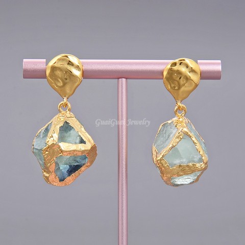 GG Jewelry Natural Green Gems Fluorite Nugget Golden Plated Earrings ► Photo 1/3