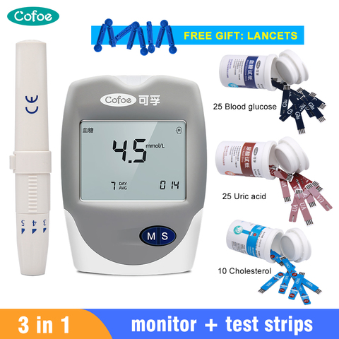 Cofoe 3 in 1 Cholesterol Uric Acid Blood Glucose household meter Health Care with test strips monitor Accurate for Diabetes De ► Photo 1/6