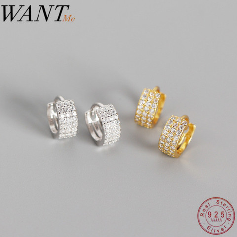 WANTME Real 100% 925 Sterling Silver Minimalist Round Three Rows Pave Crystal Zircon Stud Earrings for Women Fine jewelry Gift ► Photo 1/6