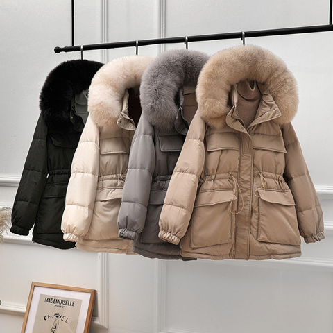 Janveny White Duck Down Coat Winter Women 2022 Fashion New Hooded Fur Collar Thicken Warm Feather Clothing Female Parka Overcoat ► Photo 1/6