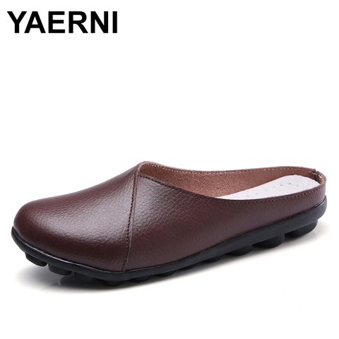 YAERNI  Plus Size Flat Shoes 2022 Fashion Mules Womens Leather Split Slip On Flip Flops Women's Slippers Shoe SlidesE1302 ► Photo 1/6