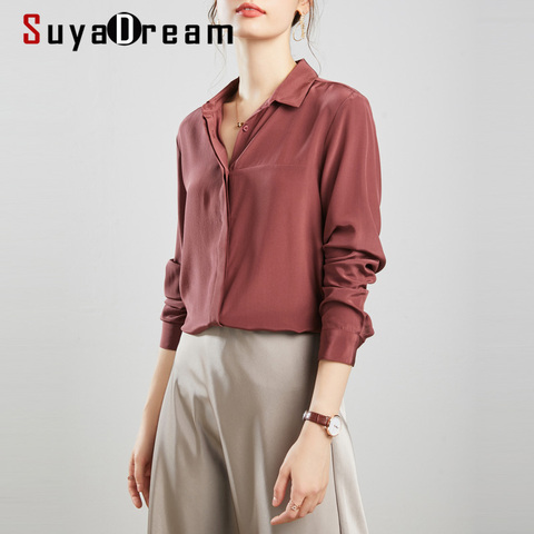 SuyaDream Silk Blouses Woman 100% REAL SILK CREPE Solid Long Sleeve Basic Office Chic Blouse Shirt 2022 Elegant Shirt Blusas ► Photo 1/6