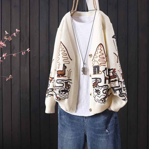 Autumn and winter jacket loose literary V-neck long-sleeved embroidery women's knitted cardigan retro sweater ► Photo 1/4