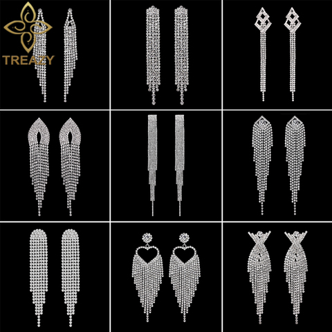 TREAZY Fashion Long Tassel Drop Earrings for Women Silver Color Rhinestone Crystal Hanging Dangle Earring Bridal Wedding Jewelry ► Photo 1/6