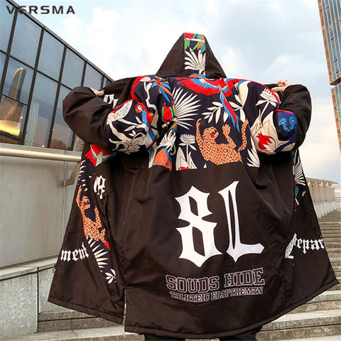 VERSMA Japanese Harajuku Graffiti Print Mens Long Winter Jackets Parkas Men Winter Hooded Hip Hop Warm Jacket Coat Dropshipping ► Photo 1/6