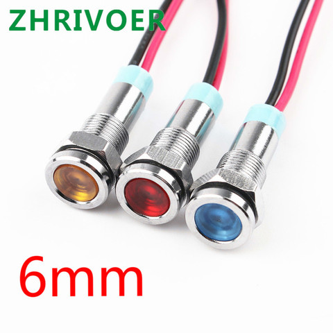 1pcs 6mm 6V 12V 24V 220v Flat head LED Metal Indicator light 6mm waterproof Signal lamp with wire red yellow blue green white ► Photo 1/4