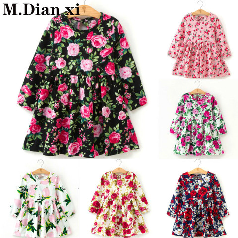 Children Dresses Kids Girl Long sleeves Flower Print Cotton and Linen Floral Dress Baby Girl Spring Summer Dresses for Girls ► Photo 1/6