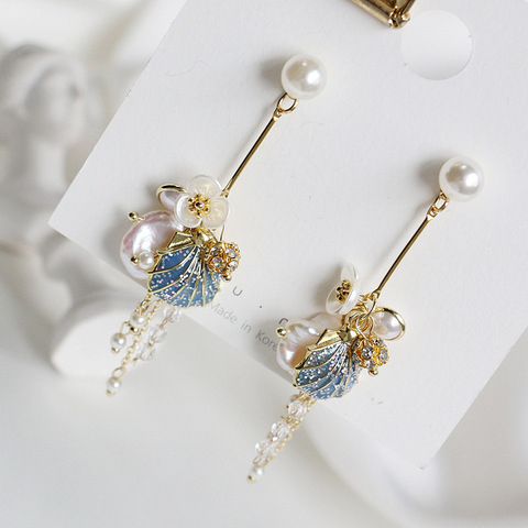 New Arrival Vintage Simulated-pearl Fresh Blue Tassel Flower Drop Earrings For Women Pendientes Mujer Moda Statement Jewelry ► Photo 1/6