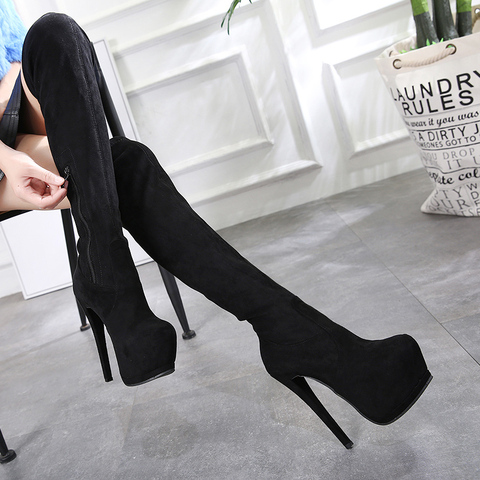 Women's Top Resiliency Pu Leather Over The Knee Boots Slip On Thick High Heel Platform Thigh Boots Ladies Fashion Shoes 15cm ► Photo 1/5