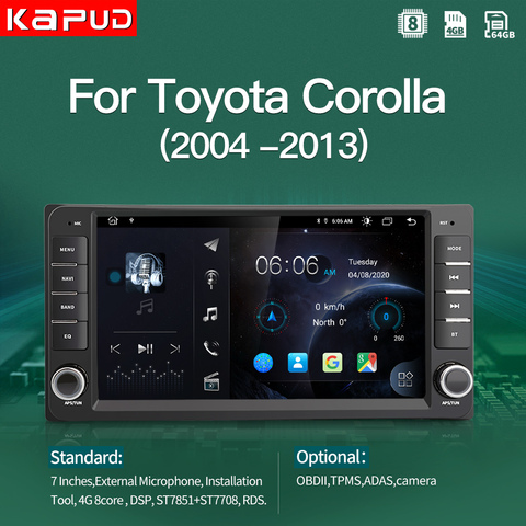 Kapud Android 10 Car Touch Screen Player Radio For Toyota Corolla Multimedia E120 E150 2002 2004 2005 2006 2008 2009 DSP GPS BT ► Photo 1/6