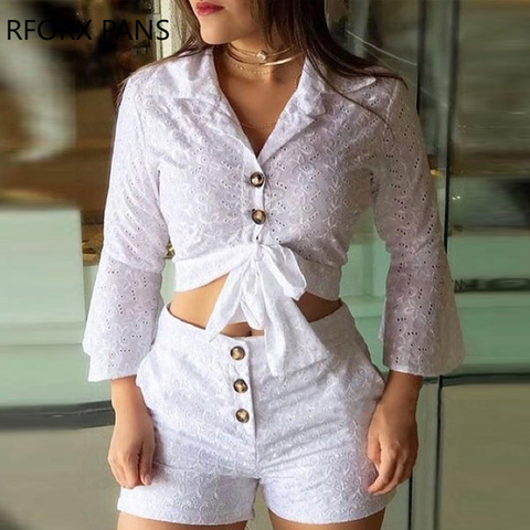 Women Broderie Lace Button-down Blouse & Shorts Sets Casual Women Sets ► Photo 1/4