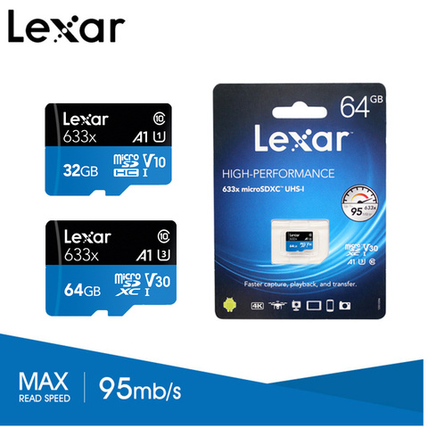 Lexar TF Card 64GB U3 V30 Micro SD Card UHS-I Class10 U1 SDHC 32GB V10 Memory Card 633x Max 95MB/s For 3D 4K HD video Camera ► Photo 1/6