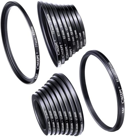 K&F CONCEPT 18pcs Camera Lens Filter Step Up/Down Adapter Ring Set 37-82mm 82-37mm for Canon Nikon Sony DSLR Camera Lens ► Photo 1/6