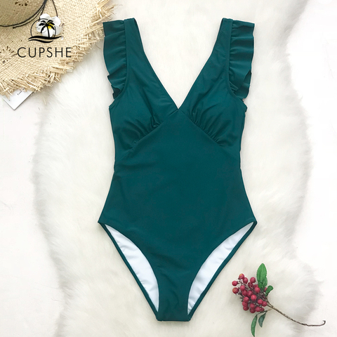 CUPSHE Green Teal Plunging Solid One-Piece Swimsuit Women Ruffle Ruched Monokini 2022 Girl Beach Bathing Suits ► Photo 1/6